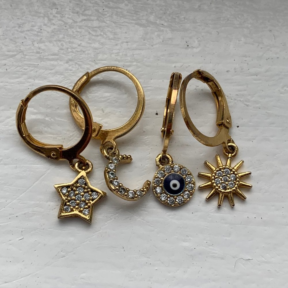 Boho Charm Hoop Huggie Earrings Sun Moon Evil Eye